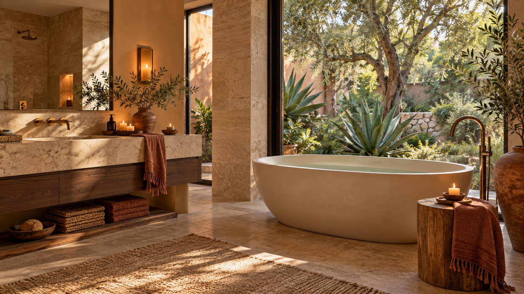 Baño con tina independiente y vista al jardín